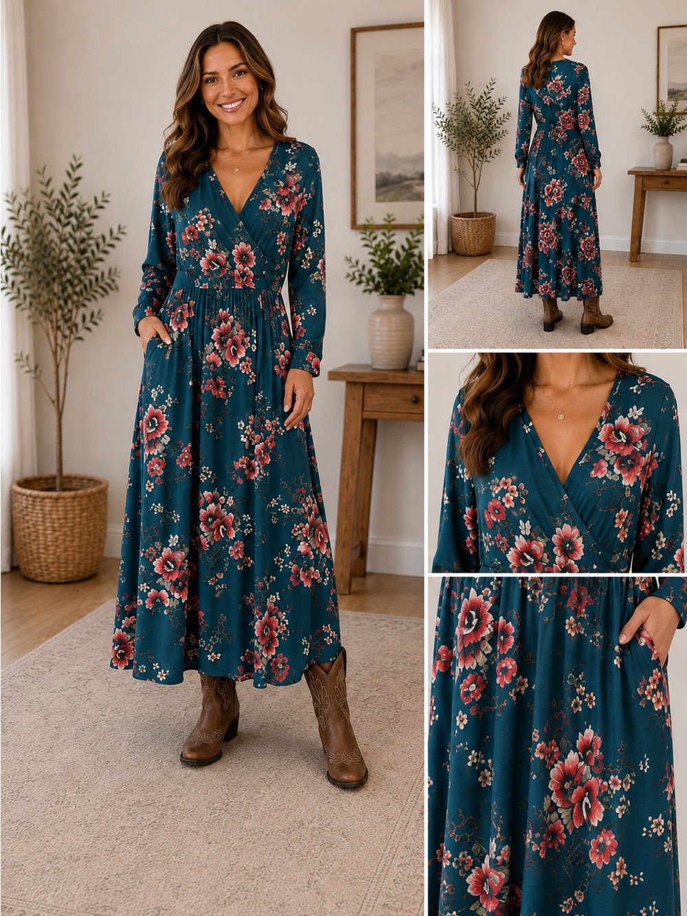 Zattcas Dark Teal Floral Boho Maxi Dress Wrap V Neck Long Sleeve XL